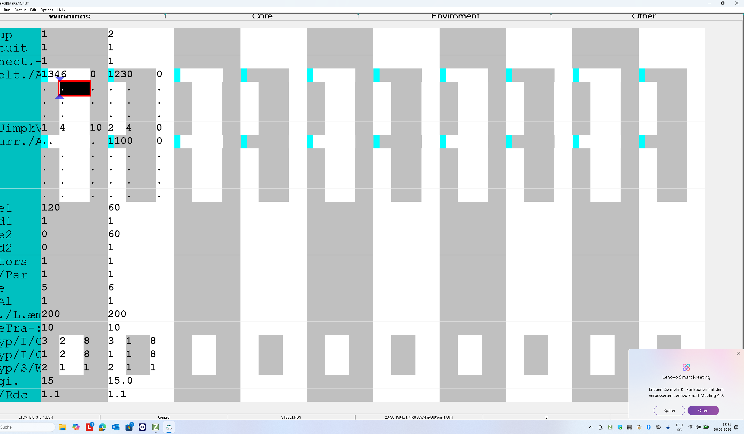 Screenshot of a dense data table with a teal left column, gray data columns, cyan highlight marks, and a Lenovo Smart Meeting popup in the bottom-right.
