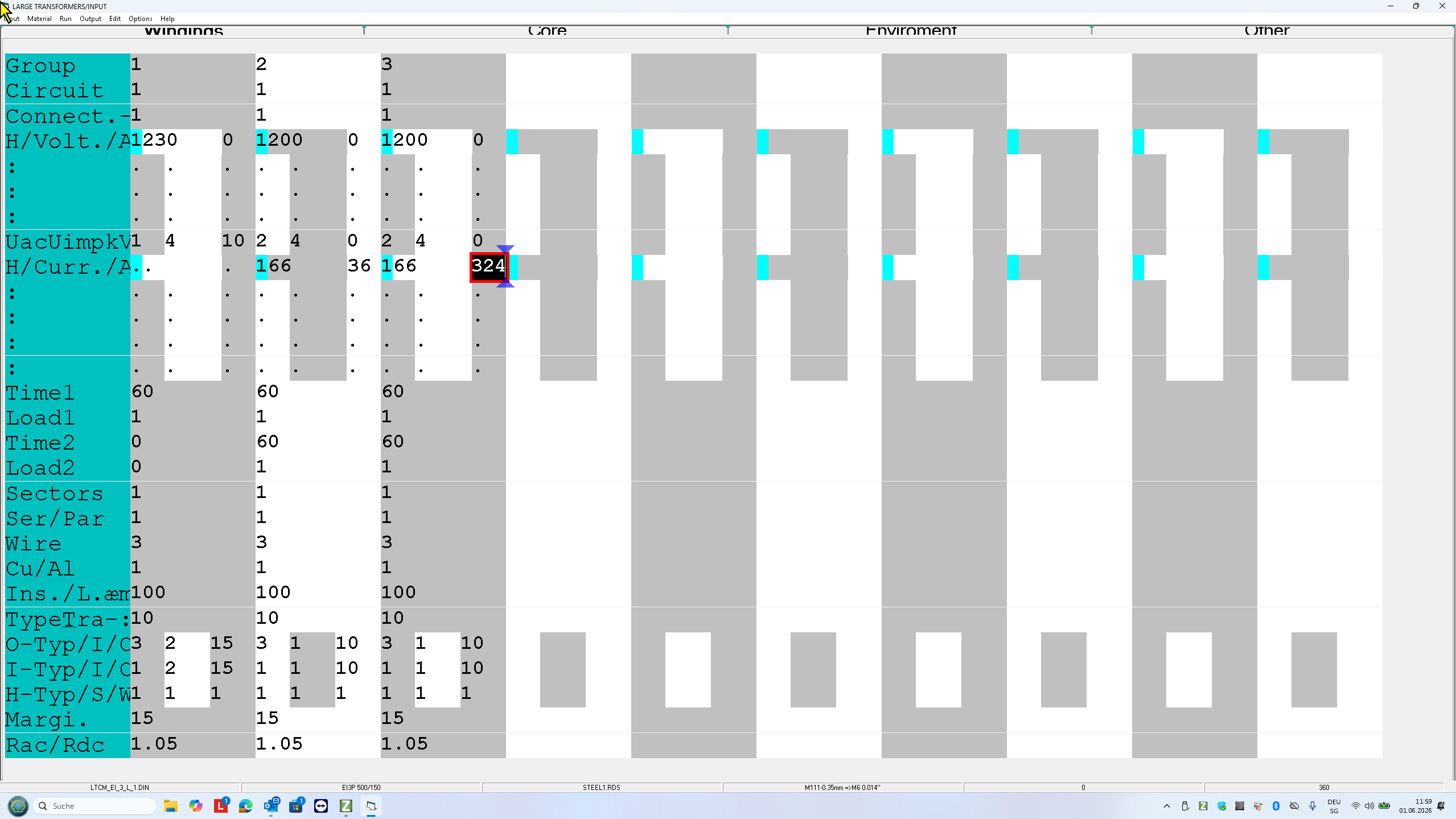 UI showing a grid of transformer input parameters; teal left column with labels, numeric values scattered, and a highlighted cell reading 324 as the current selection.